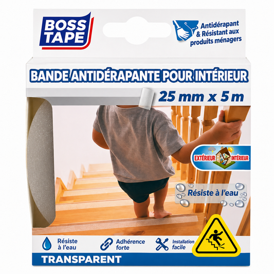 Bande antidérapante BOSS TAPE transparente 25mmx5m. Sécurité escaliers invisible. Adhésif résistant. Livraison Tunisie !