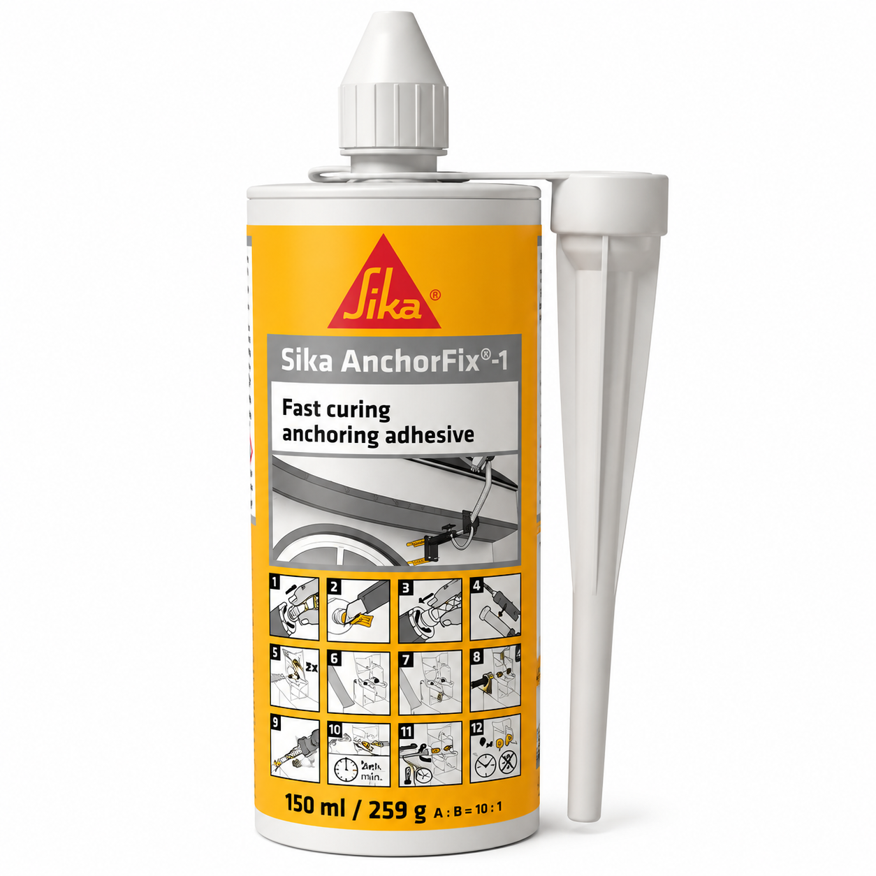 Sika AnchorFix®-1 Q 150ml, résine scellement chimique rapide polyester bicomposant. Tiges fileetées, maçonnerie, parpaing, brique. Sans styrène. SQES Tunisie.