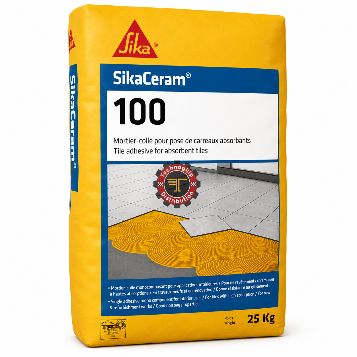 SikaCeram®-100 M Gris 25kg, mortier-colle thixotrope intérieur carreaux céramiques. Faïence, grès cérame, terre cuite, DPU longue. SQES Tunisie.