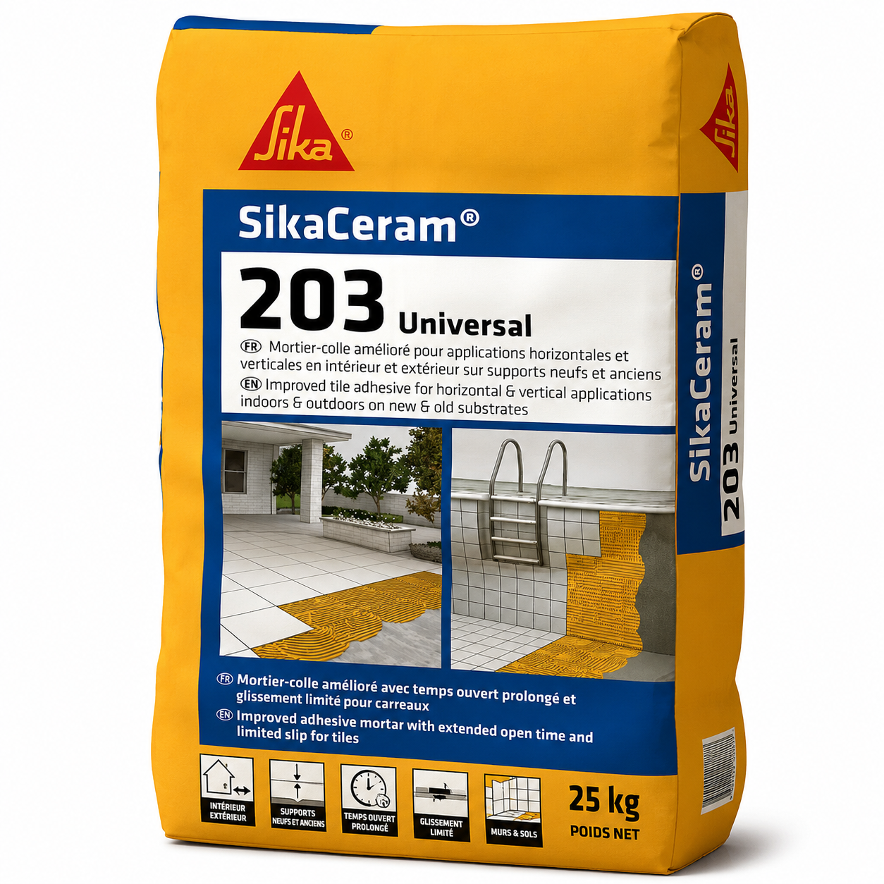 SikaCeram®-203 Universal 25kg, mortier-colle amélioré C2TE travaux neufs et rénovation. Piscines, sols industriels, carrelage int/ext. SQES Tunisie.