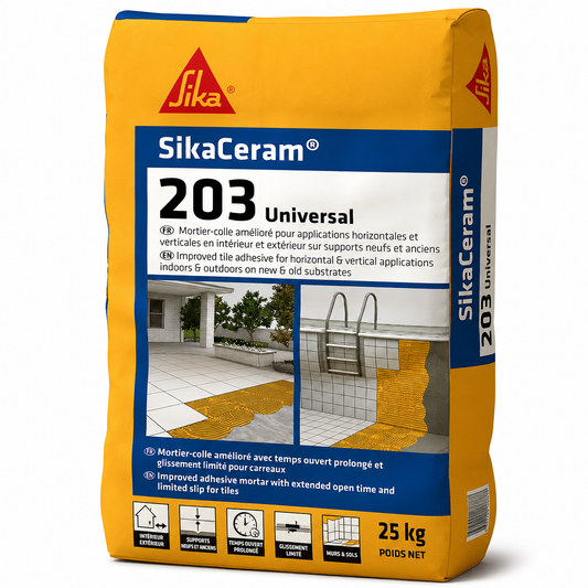 SikaCeram®-203 Universal 25kg, mortier-colle amélioré C2TE travaux neufs et rénovation. Piscines, sols industriels, carrelage int/ext. SQES Tunisie.