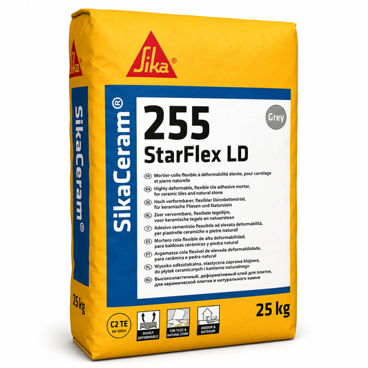 SikaCeram®-255 StarFlex LD 25kg, mortier colle déformable C2TE S1 faible poussière. Grands carreaux, piscines, sols chauffants, façades. SQES Tunisie.