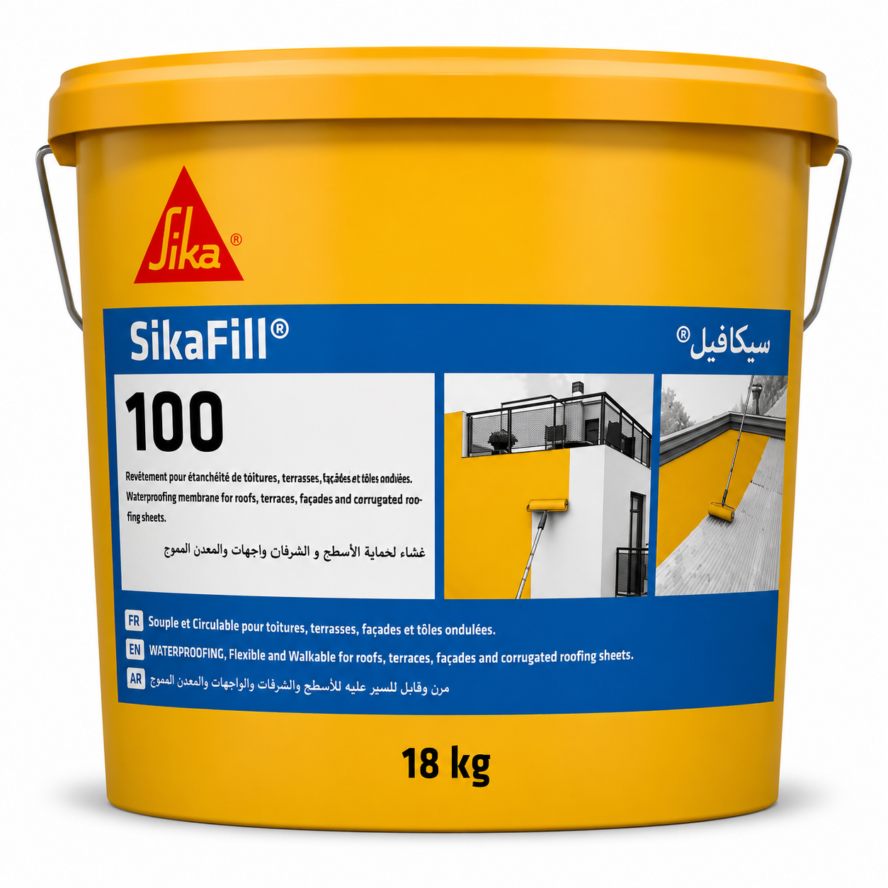 SikaFill®-100 Blanc 18kg, revêtement étanchéité souple monocomposant toitures et façades. Pontage fissures, béton, zinc, terre cuite. SQES Tunisie.