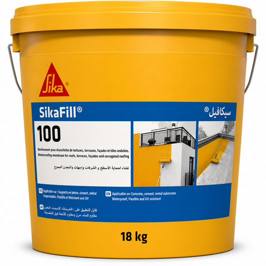 SikaFill®-100 Blanc 5kg, revêtement étanchéité souple monocomposant toitures et façades. Pontage fissures, béton, zinc, terre cuite. SQES Tunisie.