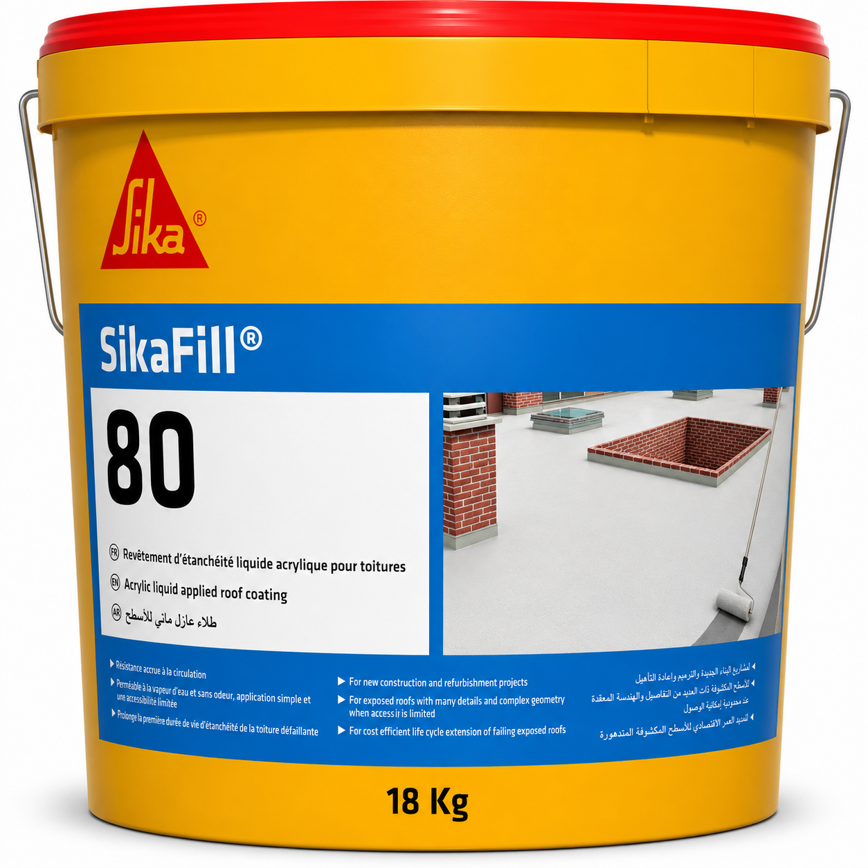 SikaFill®-80 Blanc 18kg, revêtement étanchéité élastique monocomposant. Toitures-terrasses, façades, pontage fissures, béton, zinc, alu. SQES Tunisie.