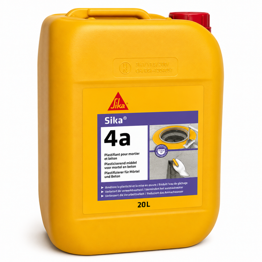 Sika®-4a bidon 20L, activateur accélérant prise rapide ciment. Étanchément venues d'eau, enduits surfaces ruisselantes, protection eaux agressives. SQES Tunisie.