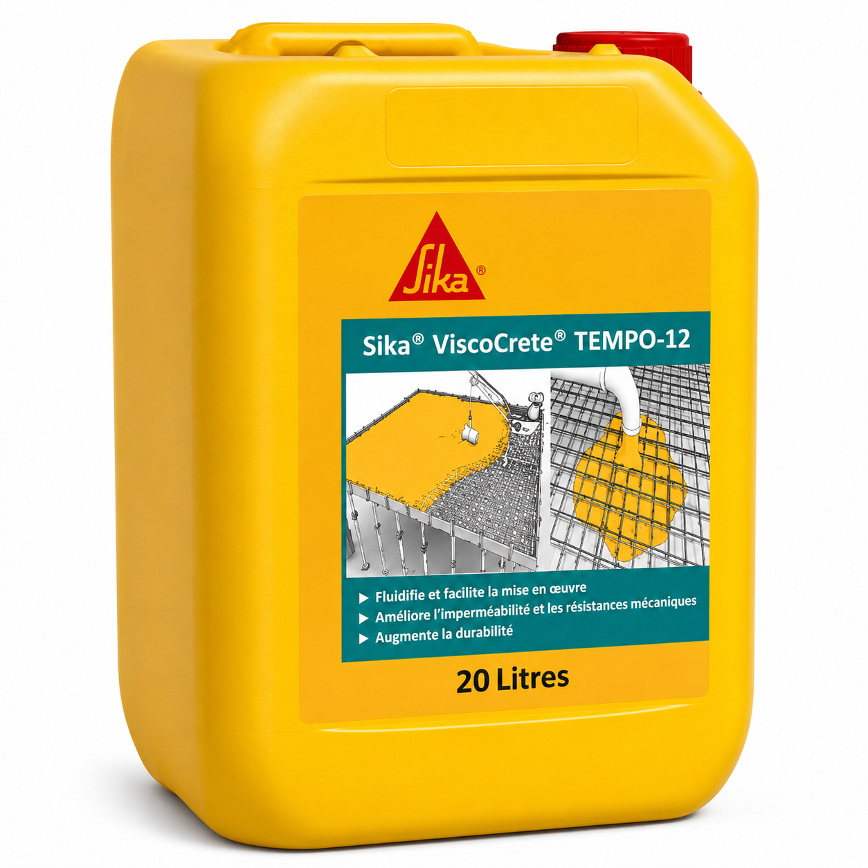 Sika® ViscoCrete® TEMPO-12 bidon 20kg, superplastifiant haut réducteur d'eau polycarboxylate. Béton autoplaçant, haute performance, temps chaud. SQES Tunisie.
