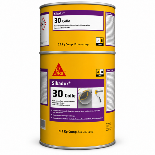 Sikadur®-30 Colle 1,2kg, colle époxydique structurale thixotrope bicomposant. Collage béton, acier, pierre, renforcement structures. NF P18870. SQES Tunisie.