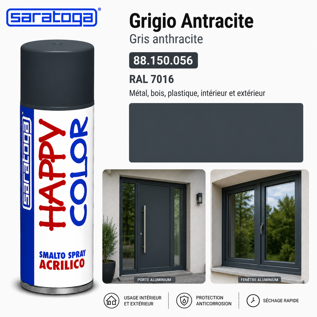 Spray peinture gris anthracite RAL 7016 400ml Saratoga Happy Color – porte alu, fenêtre, mobilier extérieur – SQES Ariana Menzah 8 Tunisie