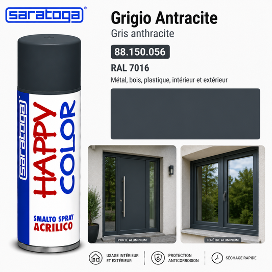Spray peinture gris anthracite RAL 7016 400ml Saratoga Happy Color – porte alu, fenêtre, mobilier extérieur – SQES Ariana Menzah 8 Tunisie
