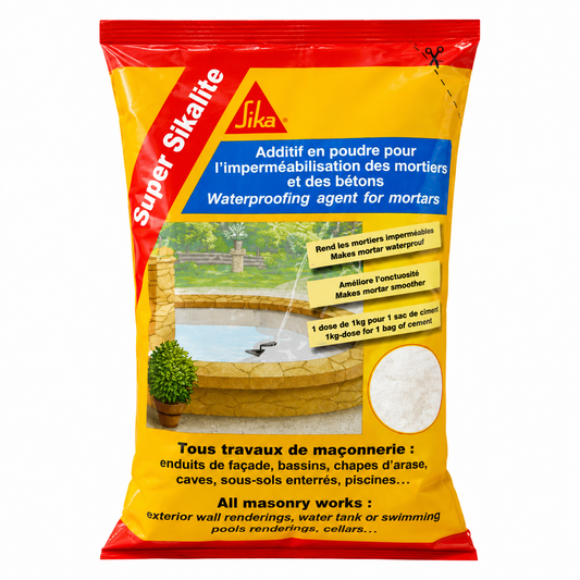 Super Sikalite® 1kg, additif poudre imperméabilisation mortiers et bétons. Piscines, réservoirs, façades, toitures terrasses. Résistance gel. SQES Tunisie.