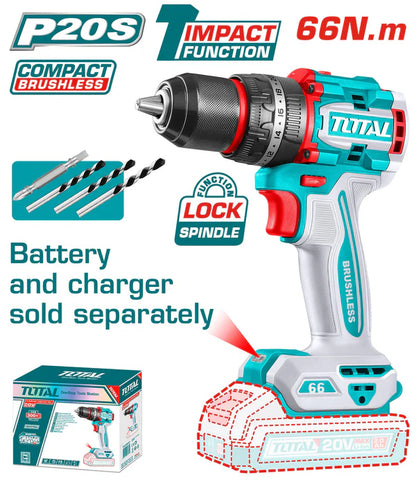 Perceuse à Percussion Sans Fil 20V TOTAL TIDLI206681 SOLO - Moteur Brushless Compact 66Nm - Batterie Vendue Séparément