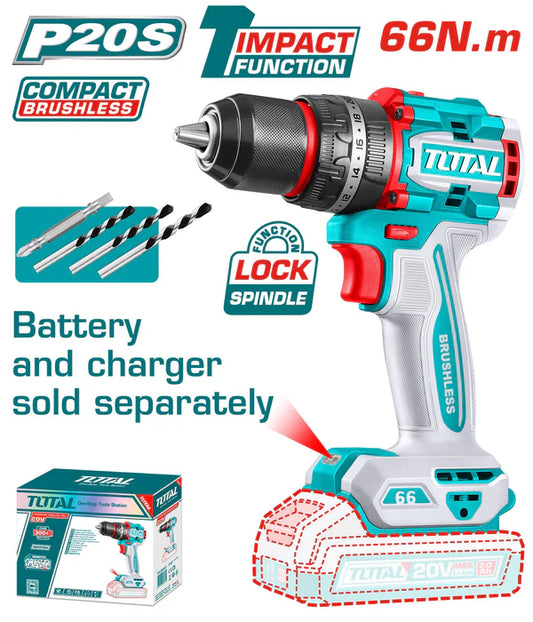 Perceuse à Percussion Sans Fil 20V TOTAL TIDLI206681 SOLO - Moteur Brushless Compact 66Nm - Batterie Vendue Séparément