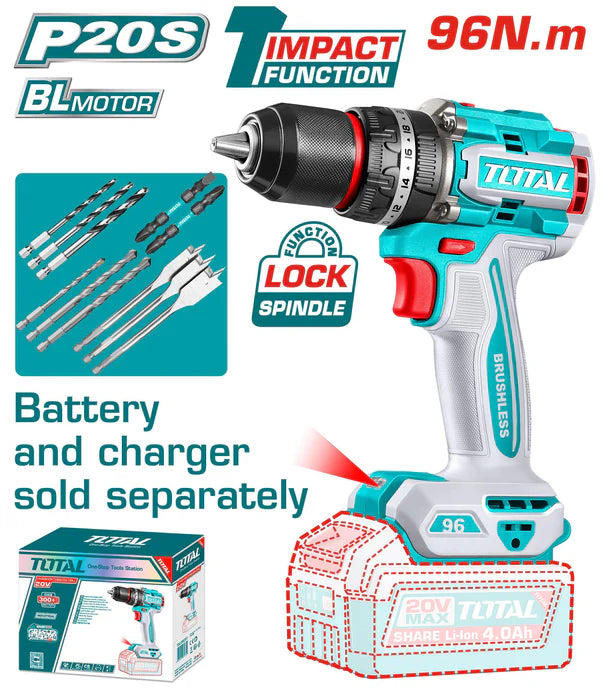 Perceuse à Percussion Sans Fil 20V TOTAL TIDLI209681 SOLO - Moteur Brushless Haute Performance 96Nm - Batterie Vendue Séparément
