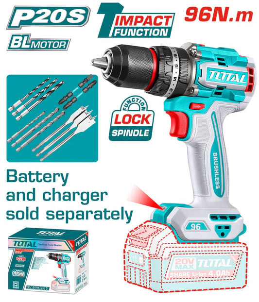 Perceuse à Percussion Sans Fil 20V TOTAL TIDLI209681 SOLO - Moteur Brushless Haute Performance 96Nm - Batterie Vendue Séparément