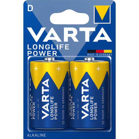 Pile VARTA Longlife Power format D (LR20, 1.5 V) en blister bleu et jaune avec marquage “VARTA Longlife Power"