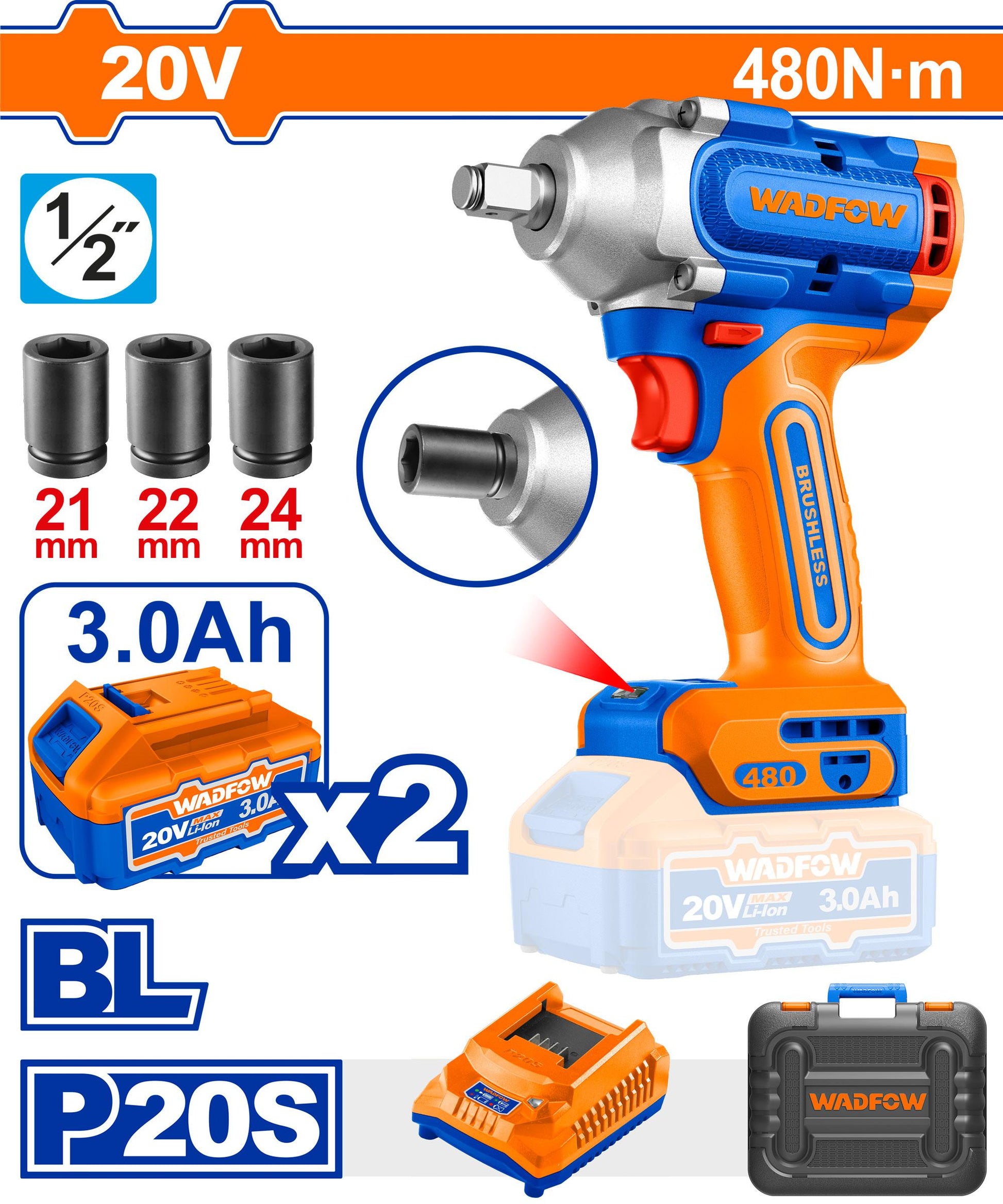 Boulonneuse Brushless – 20V, 600Nm, 2 Batteries, Coffret et Douilles - SQES