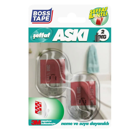 BOSS TAPE Crochet Mural auto adhésif transparent sans percer de trous (2pcs) 33mmx44mm - SQES