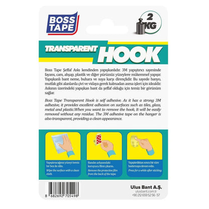 BOSS TAPE Crochet Mural auto adhésif transparent sans percer de trous (2pcs) 33mmx44mm - SQES