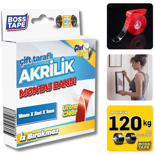 BOSS TAPE Double Face acrylique transparent 120kg 18mmx3m - SQES