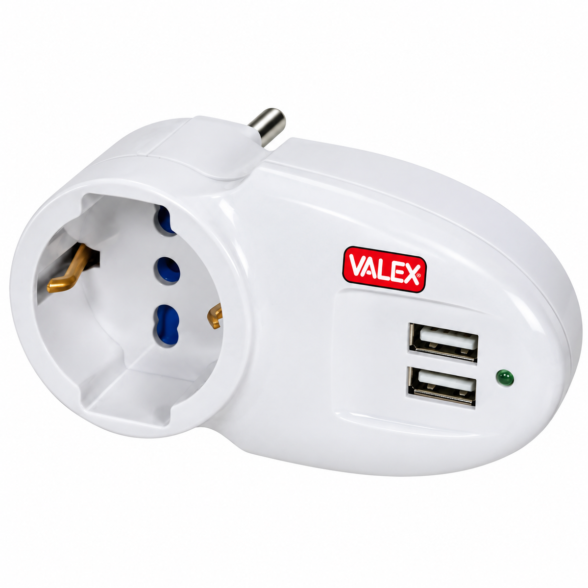 Adaptateur universel VALEX 1140039 avec 2 ports USB, format compact et matière ignifuge pour connexions et recharges électriques compatibles.