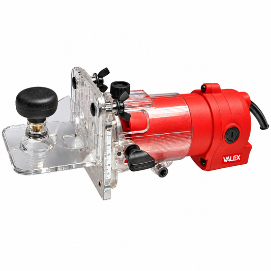 Affleureuse VALEX F401V 400 W, 29 000 tr/min, pince Ø6 mm, course 35 mm et semelle réglable à 45° pour fraisage de finition.