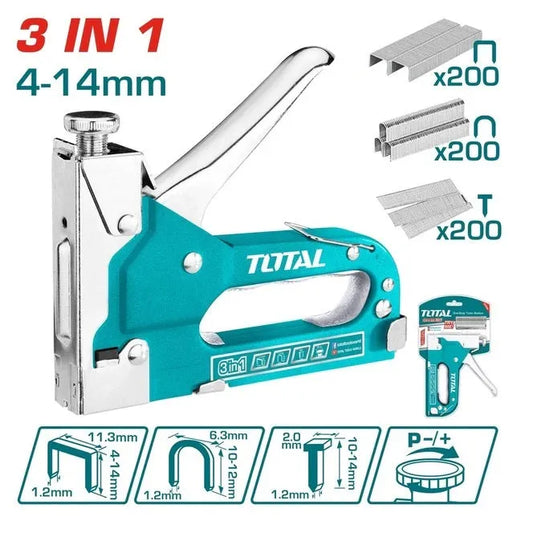 Agrafeuse 3-en-1 TOTAL THT31143 – agrafes type D/U/T 4-14mm, buse 16mm, compacte 115x24x155mm, bricolage décoration fixation
