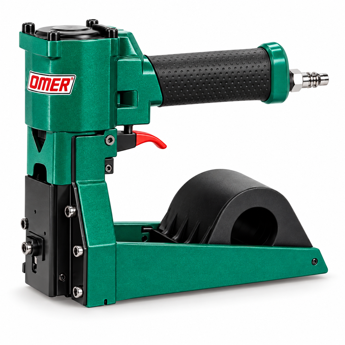 Agrafeuse pneumatique OMER 35/19, pression 4 à 7 bar, consommation 1,11 L/coup et poids 1,63 kg.