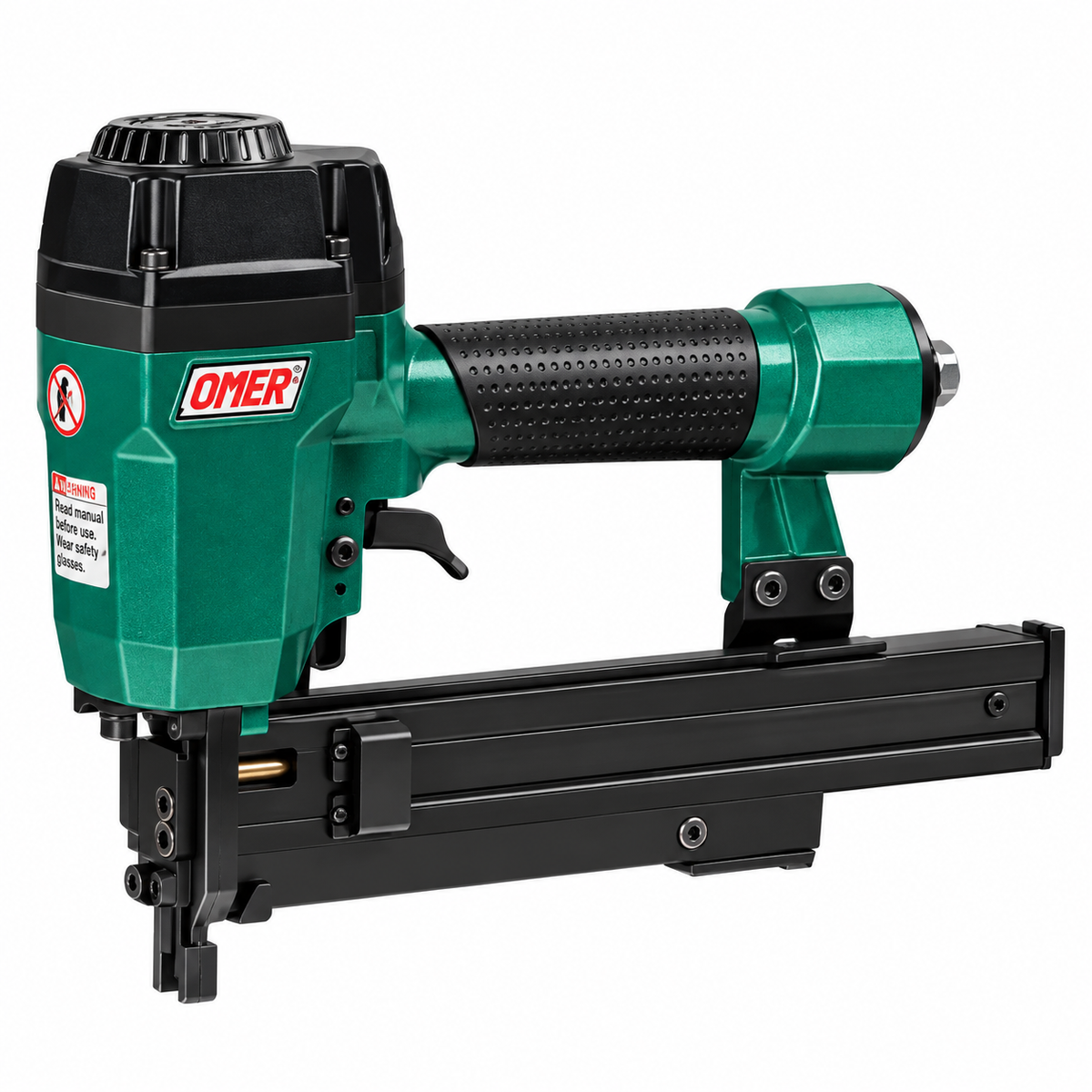 Agrafeuse pneumatique OMER S4/50, pression 5 à 7,5 bar, consommation 2,24 L/coup et poids 1,22 kg.