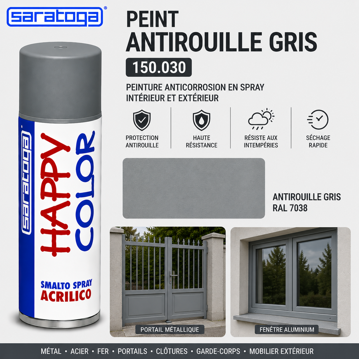 Spray peinture gris anti-rouille RAL 7038 400ml Saratoga Happy Color – anticorrosion, portail métallique, fenêtre alu – SQES Ariana Menzah 8 Tunisie