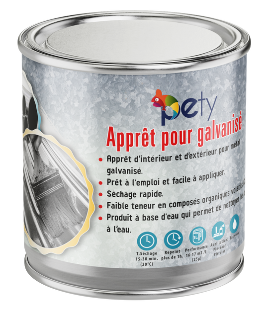 Apprêt galvanisé PETY base eau – adhérence exceptionnelle acier galvanisé, anti-corrosion, compatible soudure et oxycoupage, disponible en 250ml et 750ml
