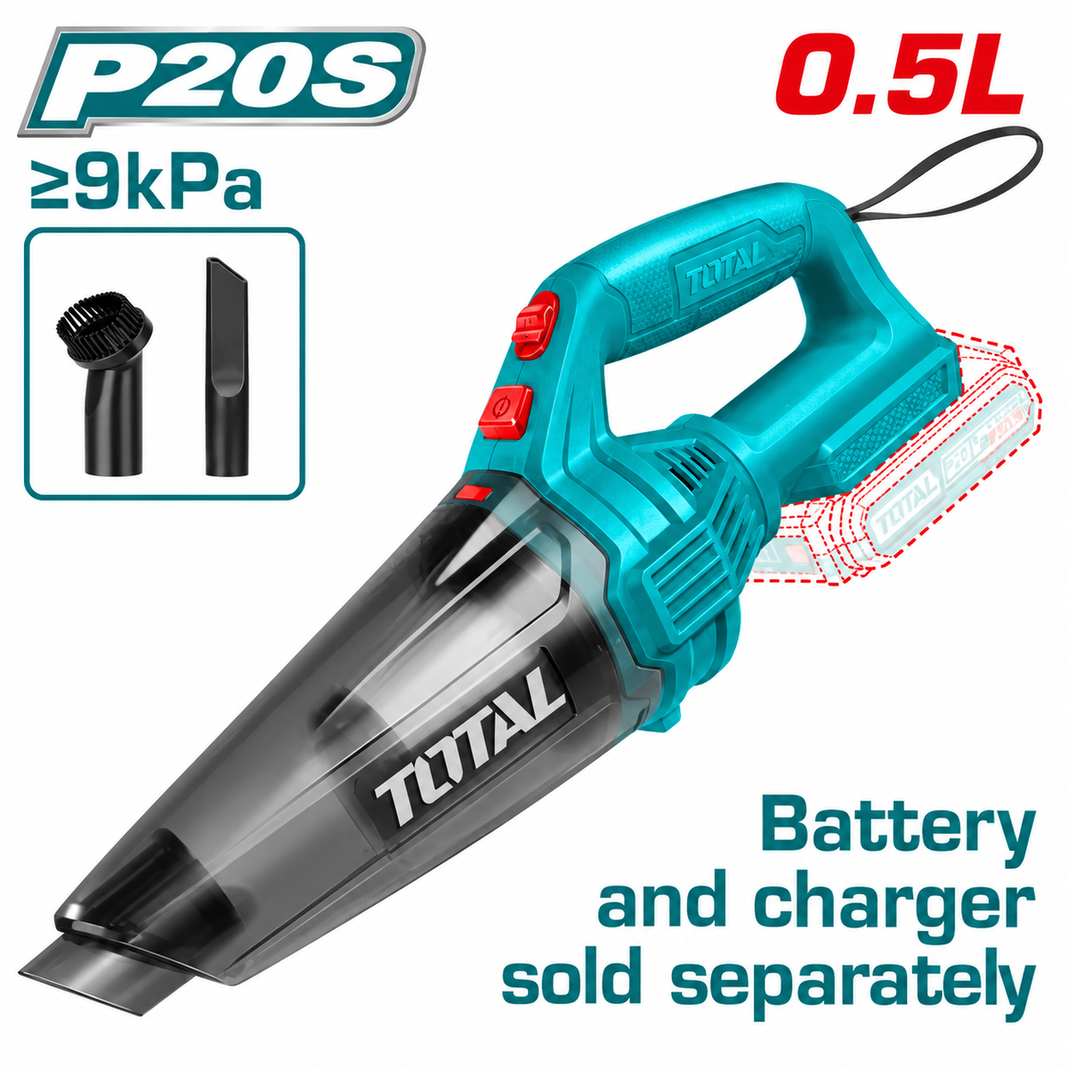 Aspirateur sans fil TOTAL TVLI201261 20V P20S avec réservoir 0,5 L, compact et pratique pour maison, atelier et voiture.