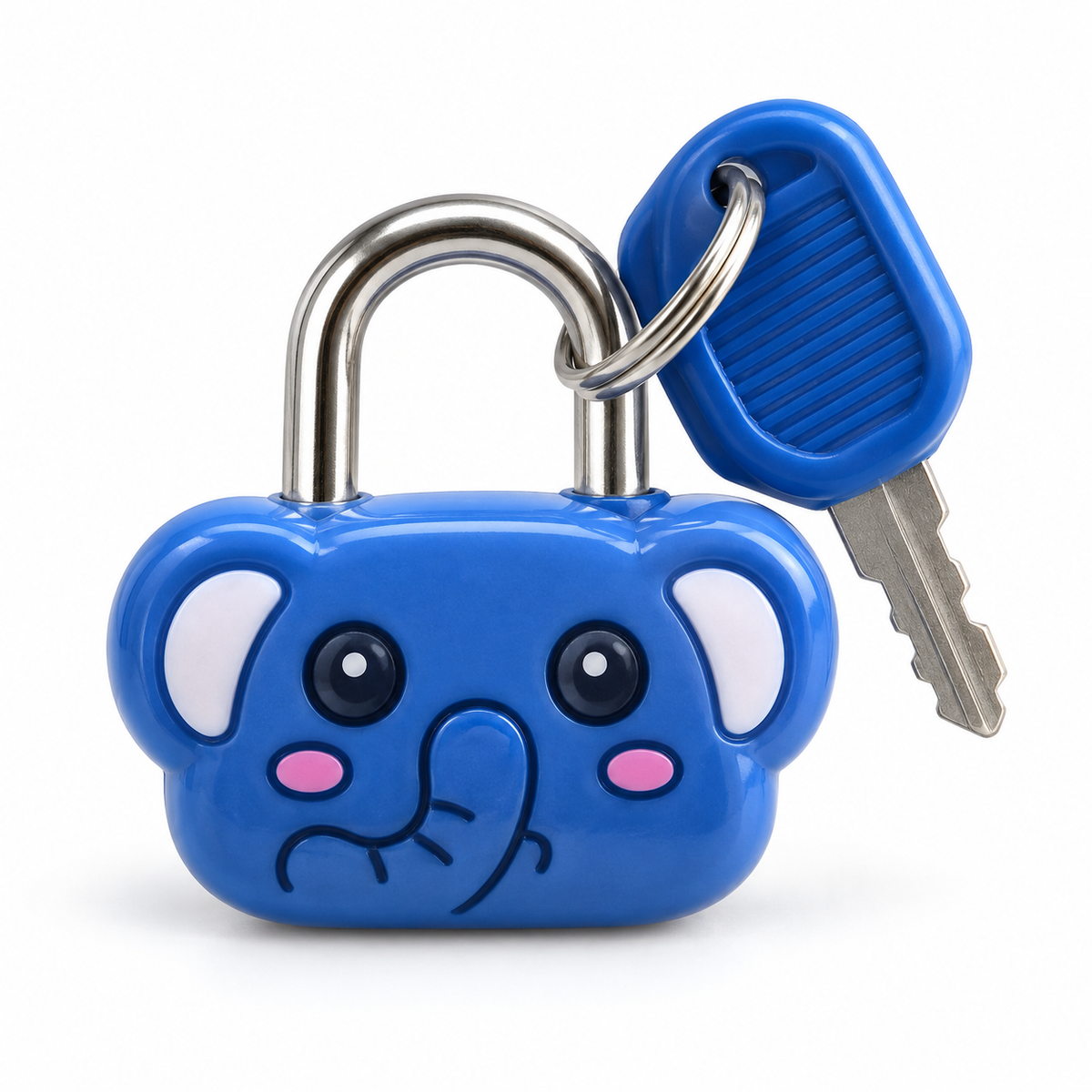 Mini cadenas BAGLOCK éléphant bleu 23 mm, motif avec trompe et clé à tête bleue sur fond blanc | SQES Tunisie
