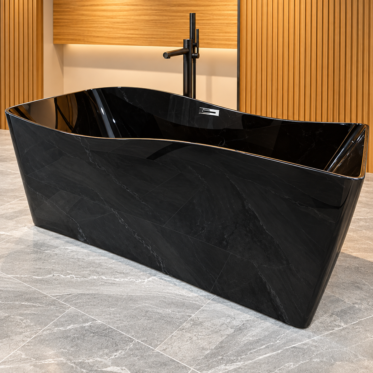 Baignoire autoportante noire brillante SP1873-17, 170 × 78 × 65 cm, bord fin, bonde et trop-plein, pour salle de bains | SQES Tunisie
