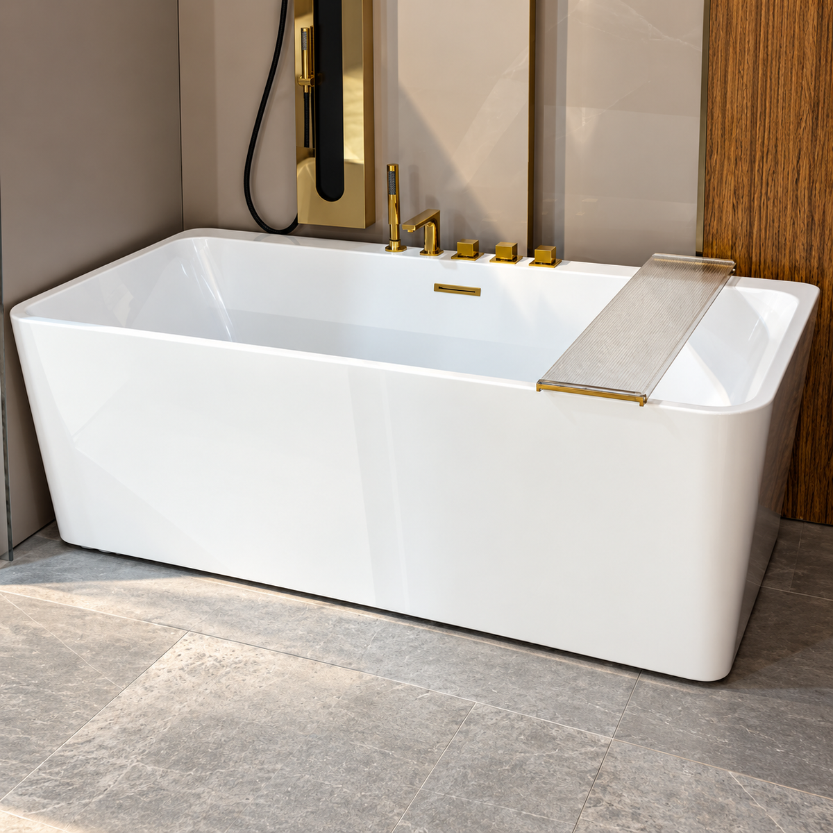 Baignoire autoportante SP1833-17-J-GG avec robinetterie dorée, mitigeur chaud/froid, inverseur et douchette, 170 × 84,5 × 60 cm, pour salle de bains | SQES Tunisie
