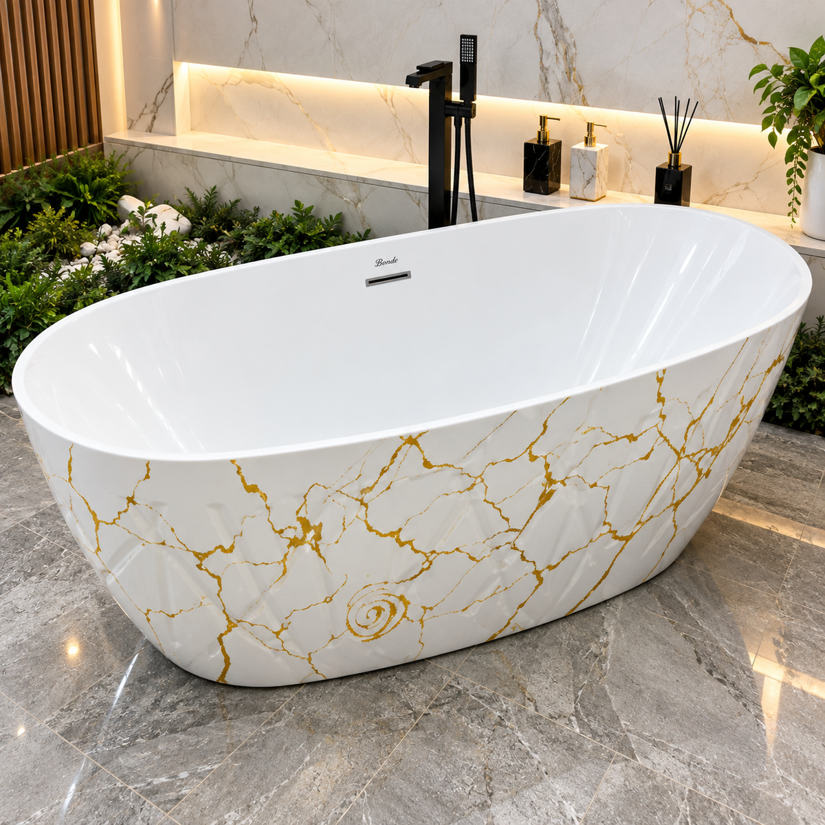 Baignoire autoportante SP1877-MG, intérieur blanc et extérieur à motif marbre doré, bord fin slim rim, 170 × 80 × 55 cm, bonde et trop-plein | SQES Tunisie
