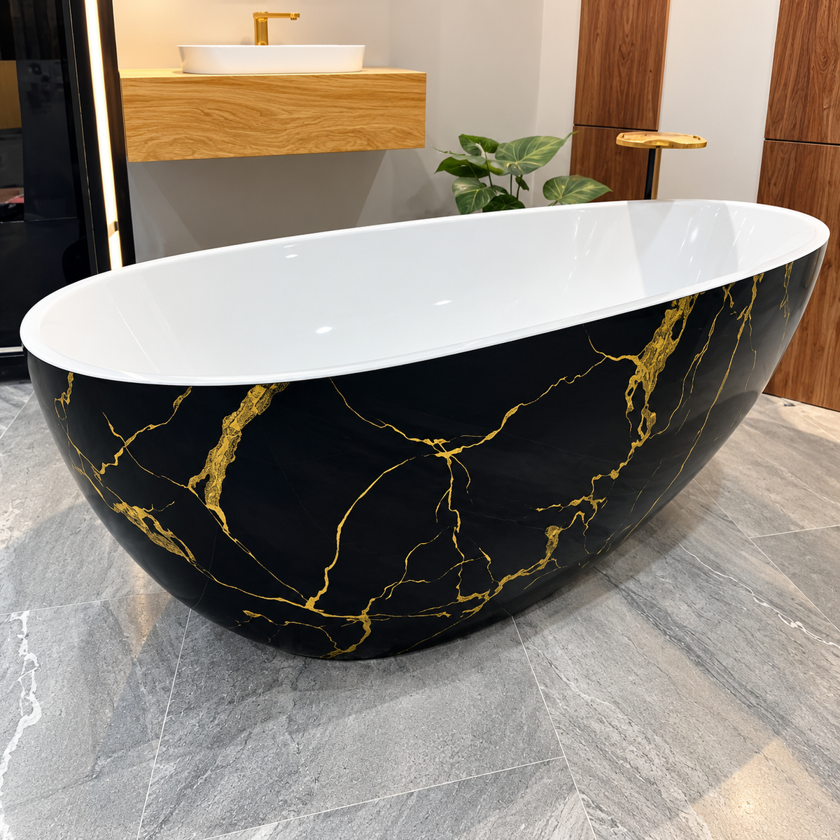 Baignoire autoportante SP1893-WB, intérieur blanc et extérieur à motif marbre noir, 170 × 83 × 58 cm, bonde et trop-plein, pour salle de bains | SQES Tunisie
