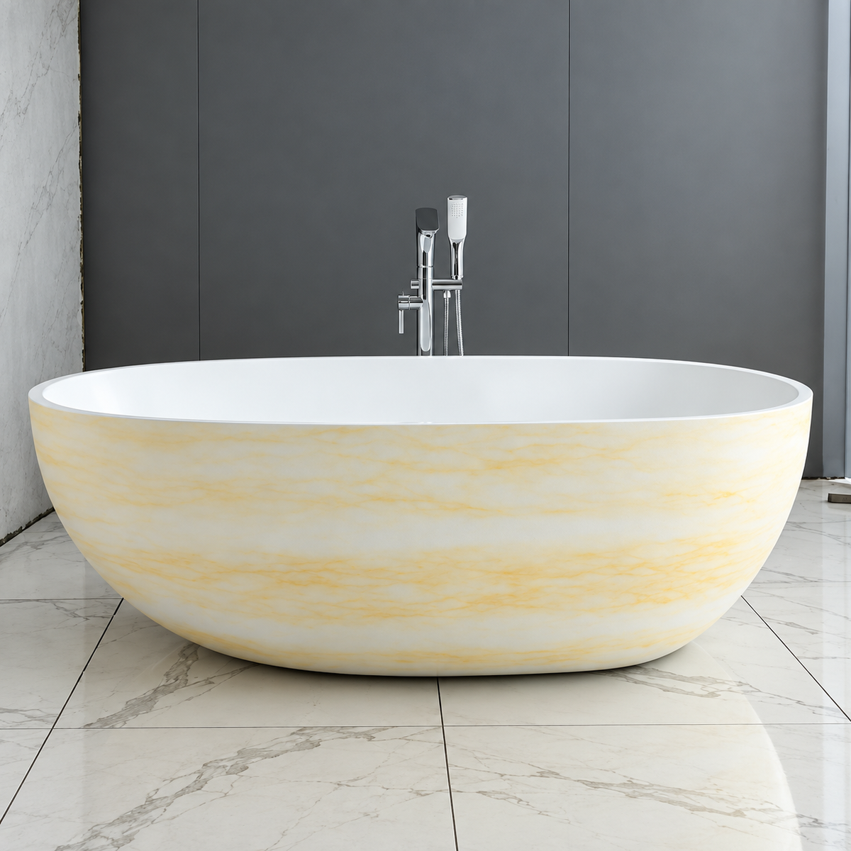Baignoire autoportante SP1892-WT, intérieur blanc et extérieur motif Travertino, 180 × 85,5 × 58 cm, bonde et trop-plein, pour salle de bains | SQES Tunisie

