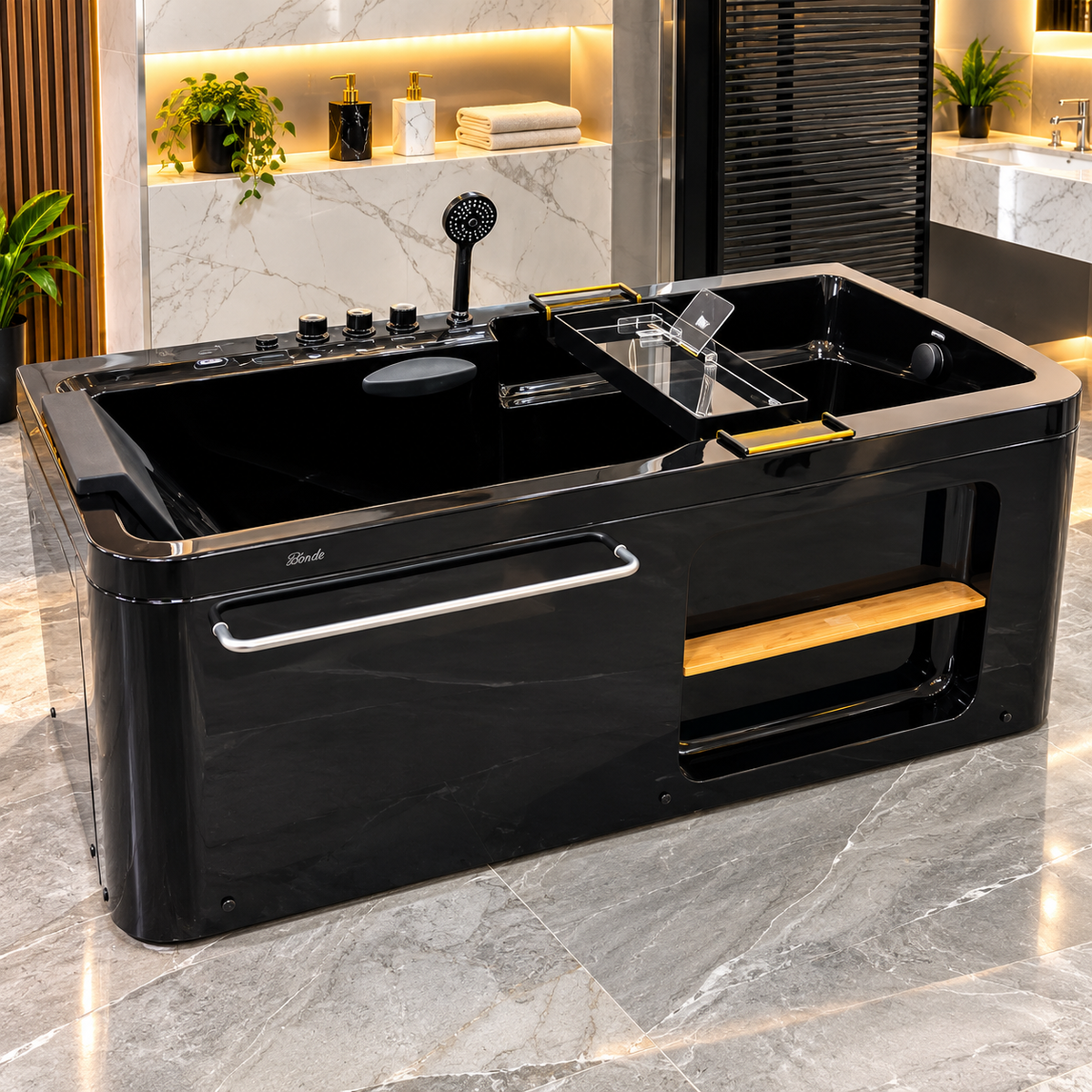 Baignoire de massage M1782-17-R-B noir brillant, hydromassage 1 HP à 13 jets et bain à bulles, 170 × 86,5 × 65 cm, LED sous-marine, cascade et douchette | SQES Tunisie

