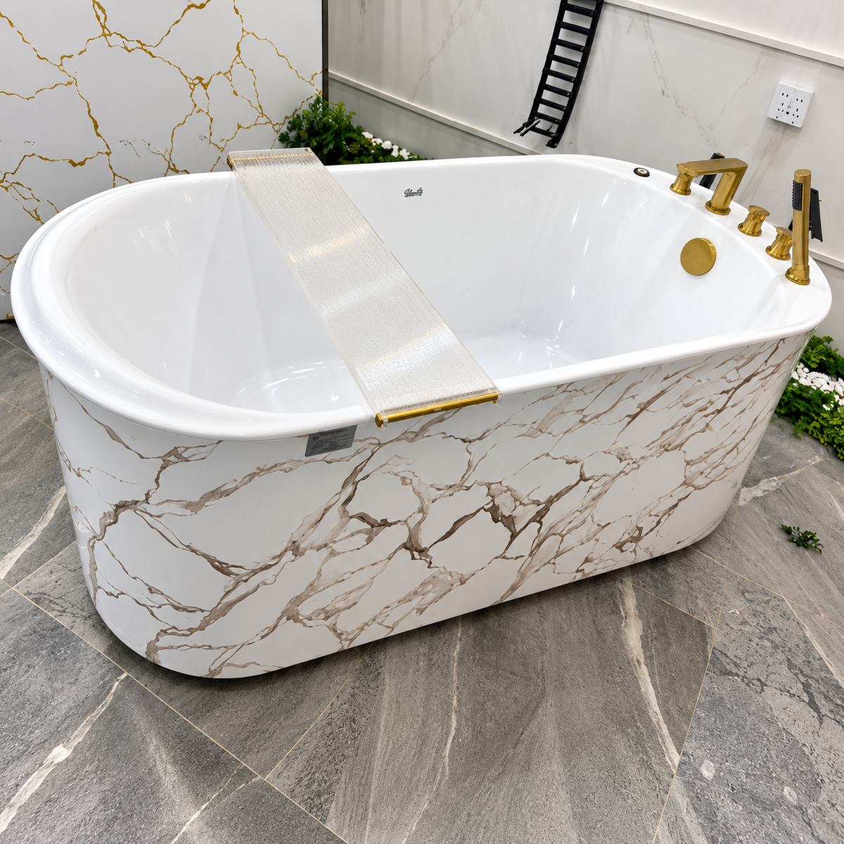Baignoire autoportante SP1028-PP-J-BGBW, bain à bulles à commande digitale, pompe 200 W, 8 jets LED, robinetterie or brossé, 164 × 74 × 61 cm | SQES Tunisie

