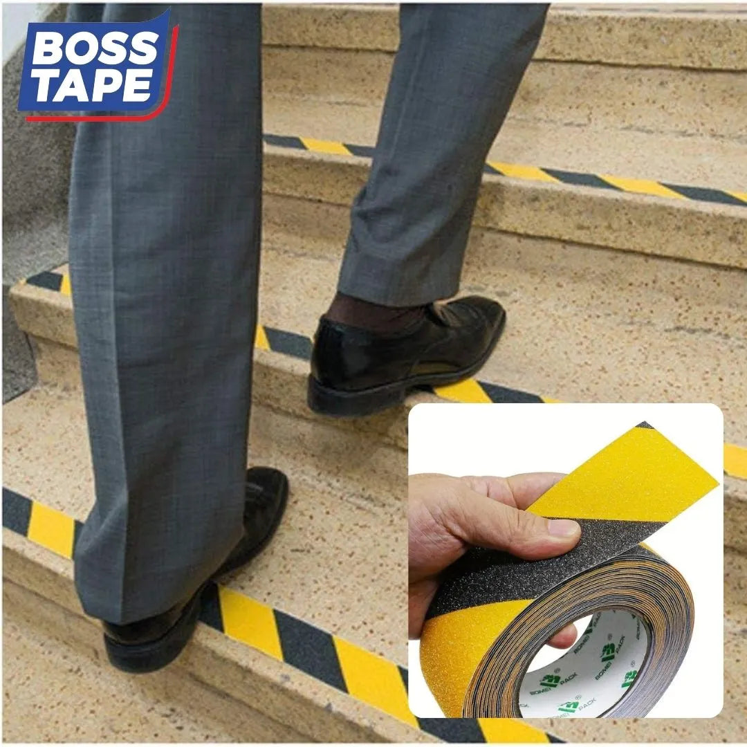 Bande antidérapante Boss Tape noir et jaune 25mm x 5m – sécurité escaliers et sols à fort trafic
