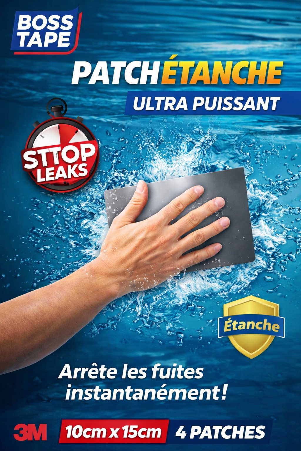 Bande étanchéité Flex Seal Boss Tape 3M – 4 patches 10cm x 15cm, réparation toiture, gouttière et tuyaux
