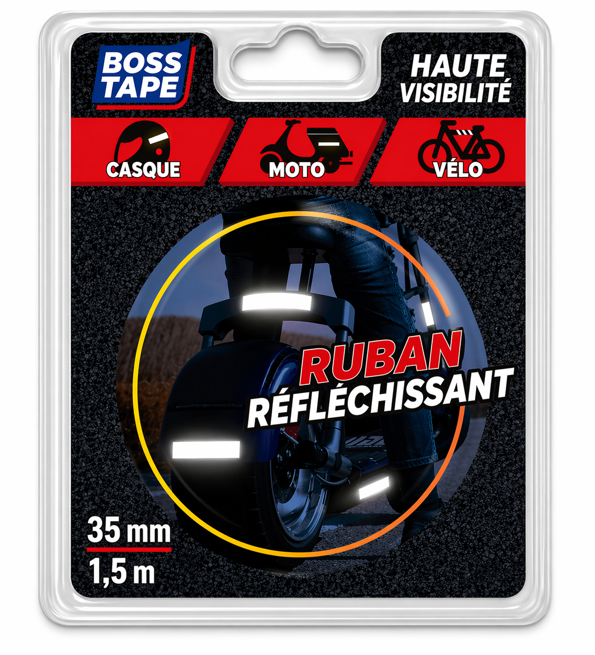 BOSSTAPE Bande réfléchissante ROUGE 35 mm x 1,5 mt - SQES