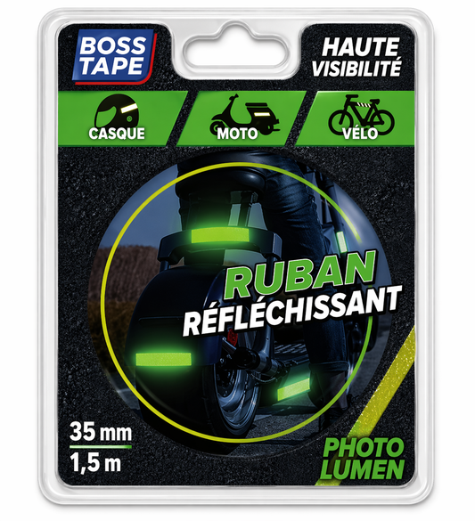 Bande réfléchissante vert fluo Boss Tape 35mm x 1,5m – haute visibilité jour et nuit, véhicule et sport
