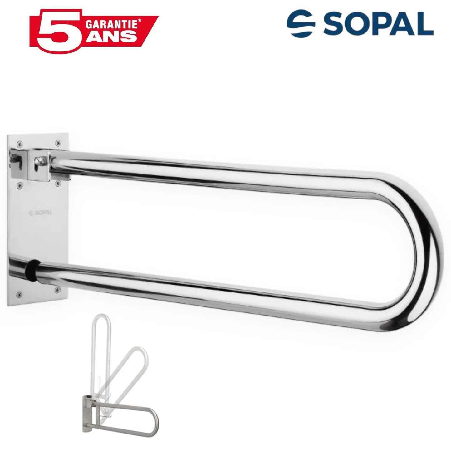 Barre d'Appui Relevable Inox SOPAL PMR SB86A04 — Tube Ø34 Chromé Brillant NF EN ISO 1456 Salle de Bain | SQES Tunisie
