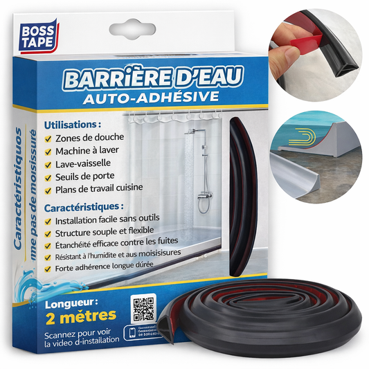 Barrière de douche Boss Tape noir 2m – barrage eau seuil auto-adhésif, douche italienne, baignoire et rénovation salle de bain
