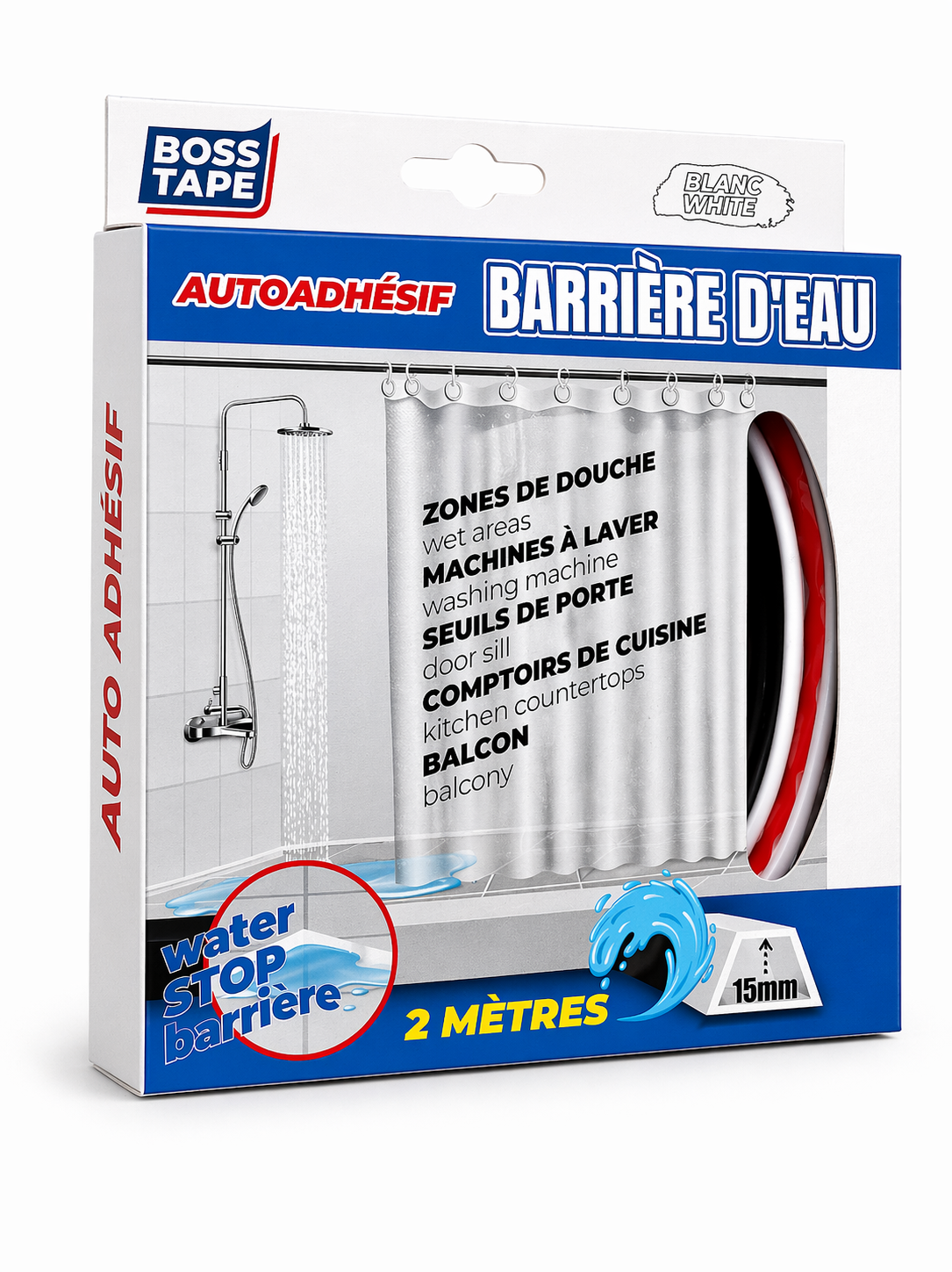 Barrière eau BOSS TAPE blanche 30mm x 2m, adhésive, stop fuites douche et baignoire. Installation facile sans outils. SQES Ariana Menzah 8 Tunisie.