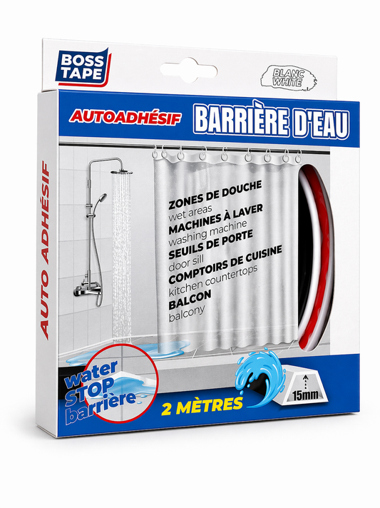 Barrière eau BOSS TAPE blanche 30mm x 2m, adhésive, stop fuites douche et baignoire. Installation facile sans outils. SQES Ariana Menzah 8 Tunisie.