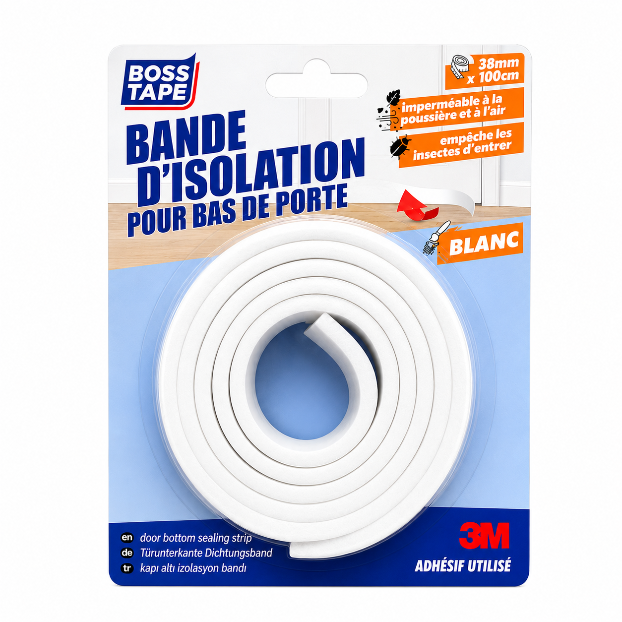 Bande Isolation Bas de Porte BOSS TAPE BT-04031 — Mousse PE 38mm × 100cm Blanc Autocollante 3M | SQES Tunisie
