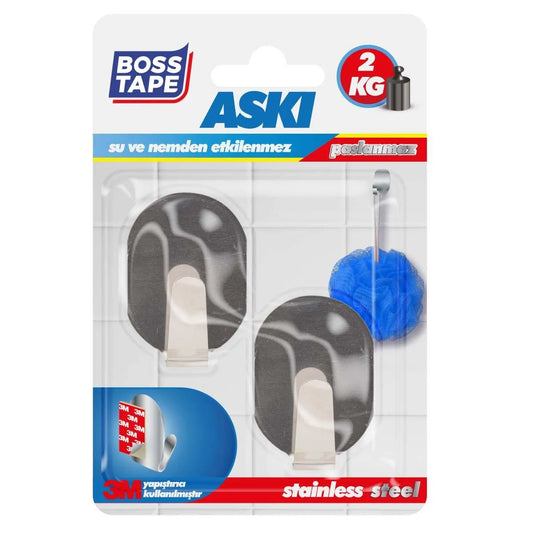 BOSS TAPE Crochet Mural auto adhésif inox sans percer de trous (2pcs) 33mmx44mm - SQES